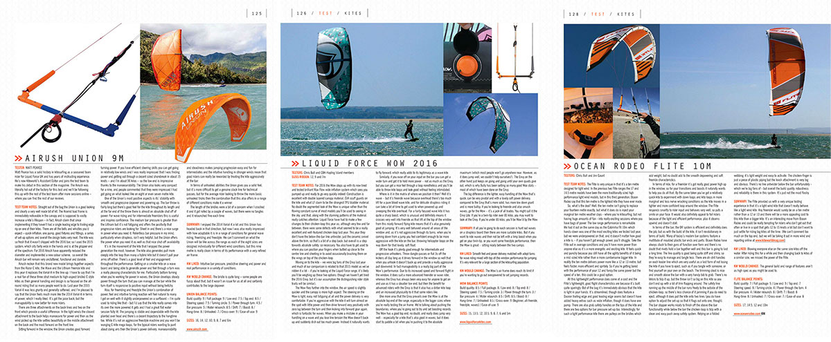 Airush, Liquid Force and Ocean Rodeo 2016 kite tests in Kiteworld magazine issue 77
